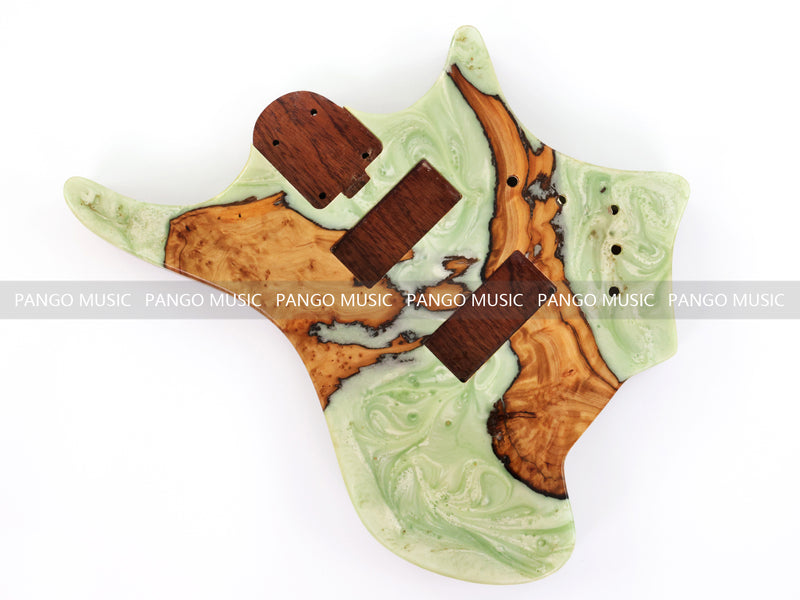 One-of-a-Kind Burl Wood Veneer Epoxy Resin 4 String Headless Electric Bass Guitar Body (H4B-004)