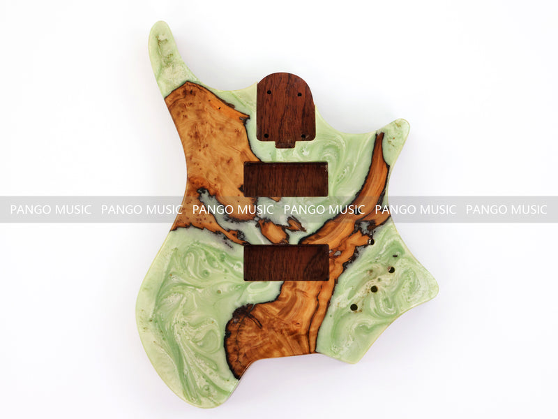 One-of-a-Kind Burl Wood Veneer Epoxy Resin 4 String Headless Electric Bass Guitar Body (H4B-004)