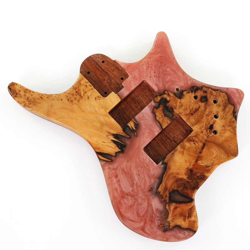 One-of-a-Kind Burl Wood Veneer Epoxy Resin 4 String Headless Electric Bass Guitar Body (H4B-005)