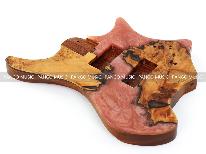 One-of-a-Kind Burl Wood Veneer Epoxy Resin 4 String Headless Electric Bass Guitar Body (H4B-005)
