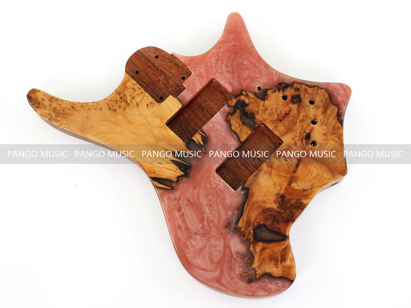 One-of-a-Kind Burl Wood Veneer Epoxy Resin 4 String Headless Electric Bass Guitar Body (H4B-005)