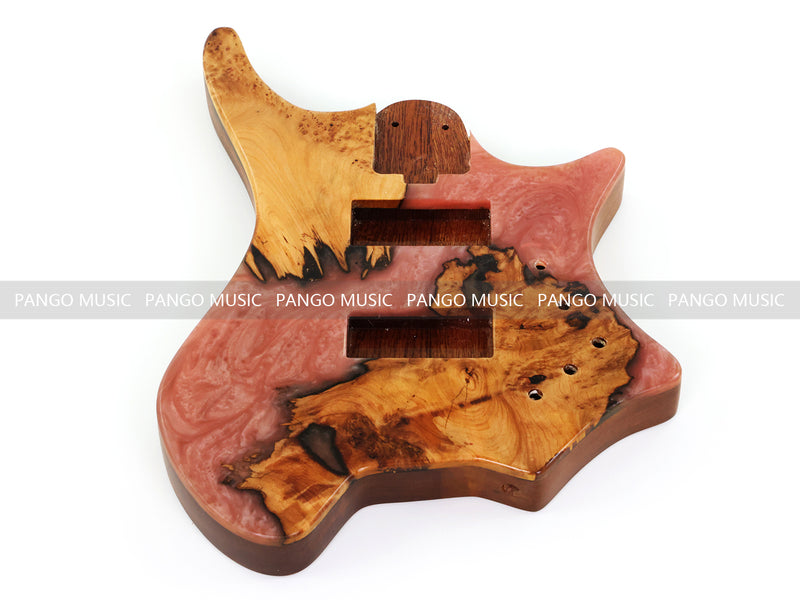 One-of-a-Kind Burl Wood Veneer Epoxy Resin 4 String Headless Electric Bass Guitar Body (H4B-005)