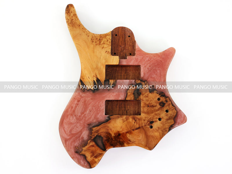 One-of-a-Kind Burl Wood Veneer Epoxy Resin 4 String Headless Electric Bass Guitar Body (H4B-005)