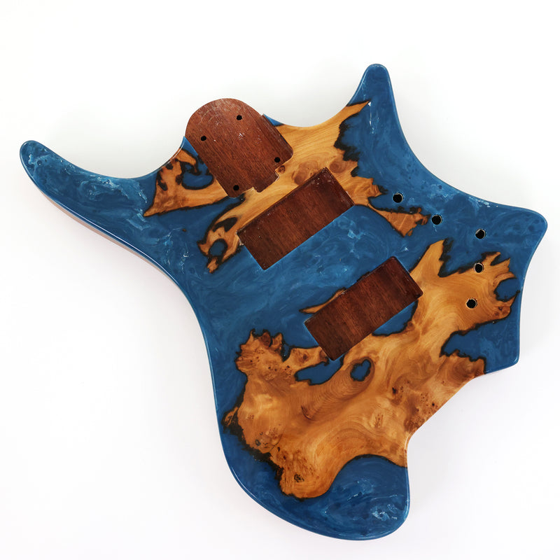 One-of-a-Kind Burl Wood Veneer Epoxy Resin 4 String Headless Electric Bass Guitar Body (H4B-006)