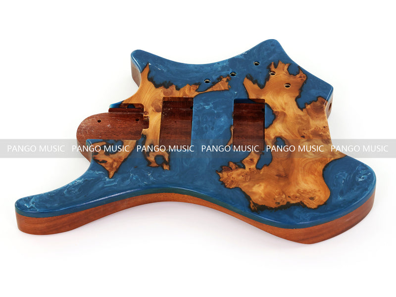 One-of-a-Kind Burl Wood Veneer Epoxy Resin 4 String Headless Electric Bass Guitar Body (H4B-006)