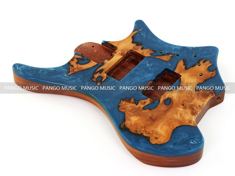 One-of-a-Kind Burl Wood Veneer Epoxy Resin 4 String Headless Electric Bass Guitar Body (H4B-006)