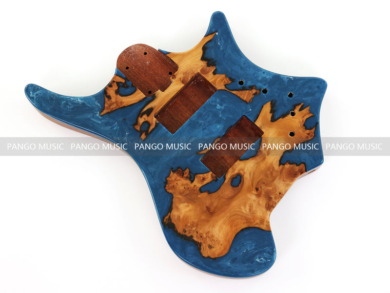 One-of-a-Kind Burl Wood Veneer Epoxy Resin 4 String Headless Electric Bass Guitar Body (H4B-006)