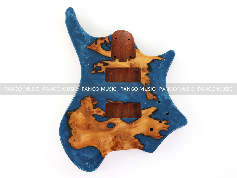 One-of-a-Kind Burl Wood Veneer Epoxy Resin 4 String Headless Electric Bass Guitar Body (H4B-006)