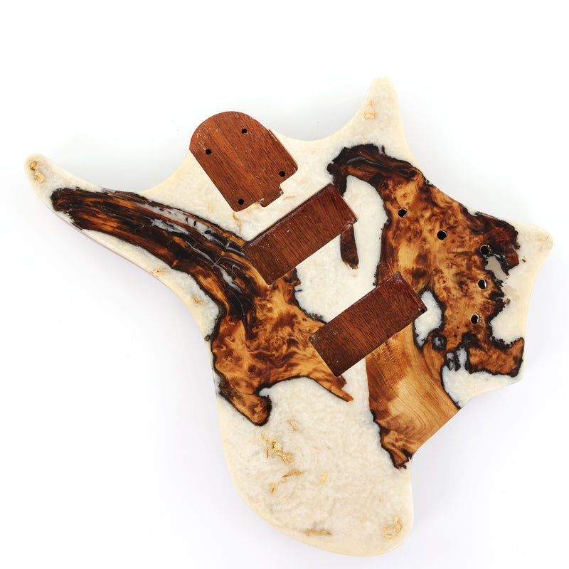 One-of-a-Kind Burl Wood Veneer Epoxy Resin 4 String Headless Electric Bass Guitar Body (H4B-007)