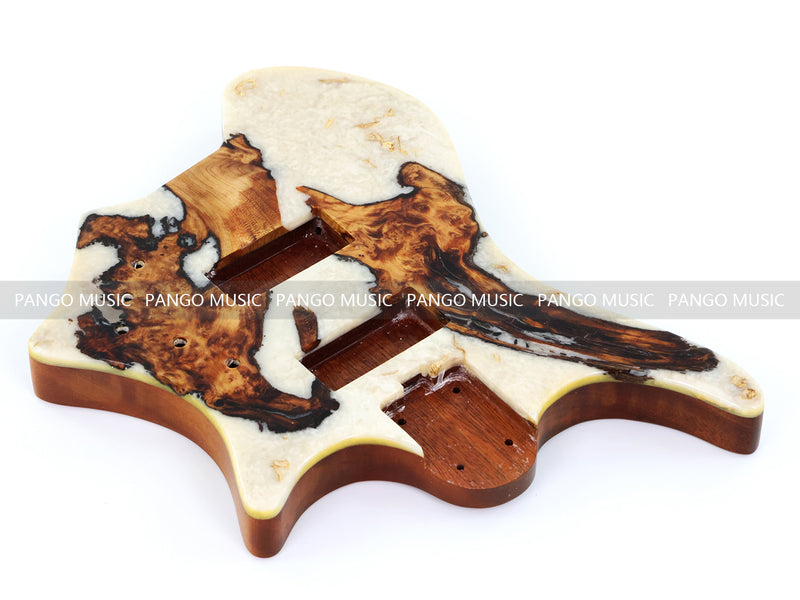 One-of-a-Kind Burl Wood Veneer Epoxy Resin 4 String Headless Electric Bass Guitar Body (H4B-007)