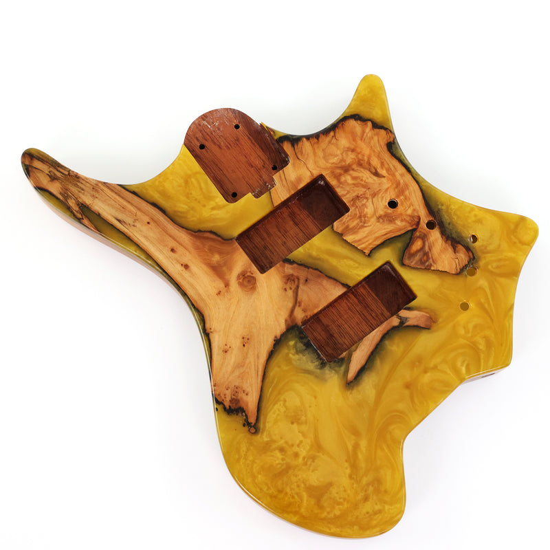 One-of-a-Kind Burl Wood Veneer Epoxy Resin 4 String Headless Electric Bass Guitar Body (H4B-008)
