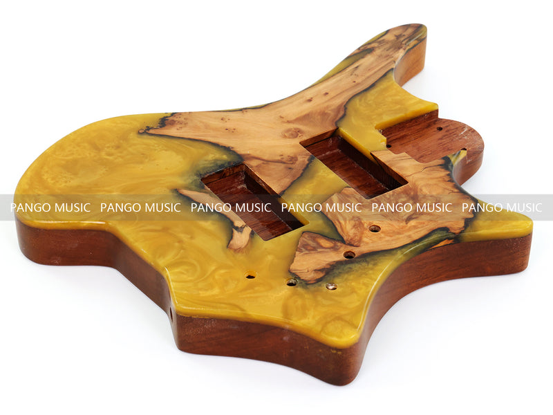 One-of-a-Kind Burl Wood Veneer Epoxy Resin 4 String Headless Electric Bass Guitar Body (H4B-008)