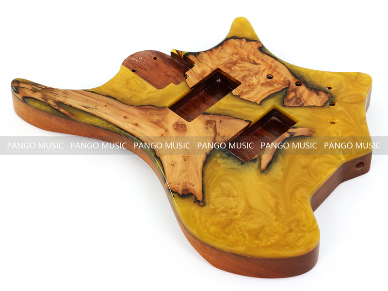 One-of-a-Kind Burl Wood Veneer Epoxy Resin 4 String Headless Electric Bass Guitar Body (H4B-008)