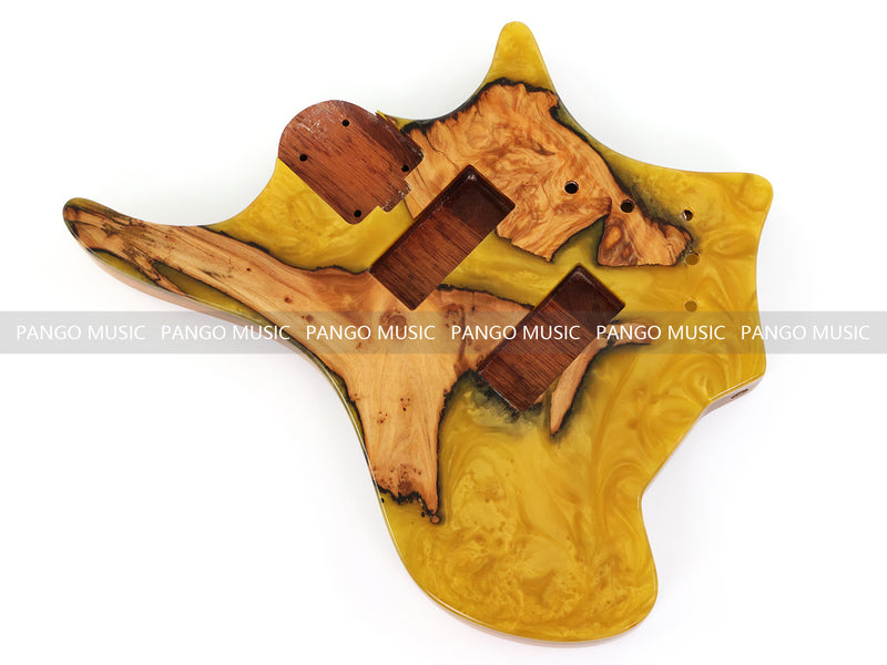 One-of-a-Kind Burl Wood Veneer Epoxy Resin 4 String Headless Electric Bass Guitar Body (H4B-008)