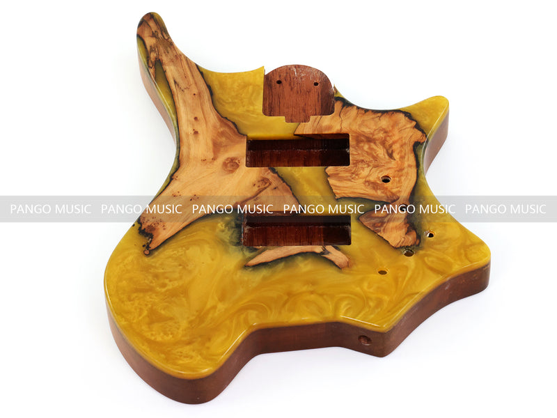 One-of-a-Kind Burl Wood Veneer Epoxy Resin 4 String Headless Electric Bass Guitar Body (H4B-008)