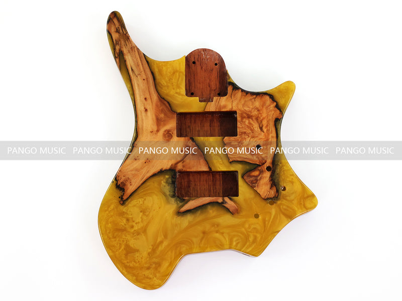 One-of-a-Kind Burl Wood Veneer Epoxy Resin 4 String Headless Electric Bass Guitar Body (H4B-008)