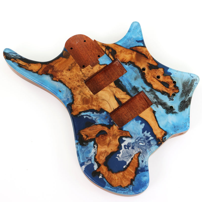 One-of-a-Kind Burl Wood Veneer Epoxy Resin 4 String Headless Electric Bass Guitar Body (H4B-009)