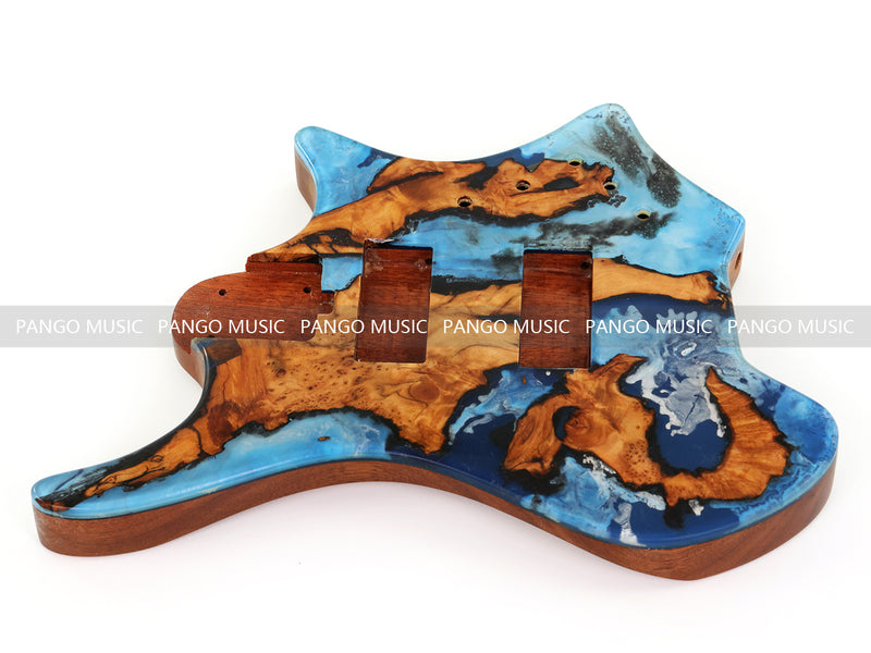 One-of-a-Kind Burl Wood Veneer Epoxy Resin 4 String Headless Electric Bass Guitar Body (H4B-009)