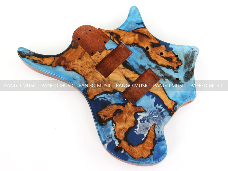 One-of-a-Kind Burl Wood Veneer Epoxy Resin 4 String Headless Electric Bass Guitar Body (H4B-009)