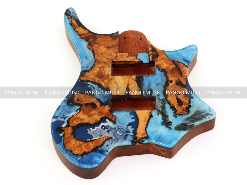 One-of-a-Kind Burl Wood Veneer Epoxy Resin 4 String Headless Electric Bass Guitar Body (H4B-009)