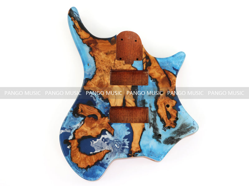 One-of-a-Kind Burl Wood Veneer Epoxy Resin 4 String Headless Electric Bass Guitar Body (H4B-009)