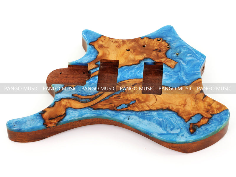One-of-a-Kind Burl Wood Veneer Epoxy Resin 4 String Headless Electric Bass Guitar Body (H4B-010)