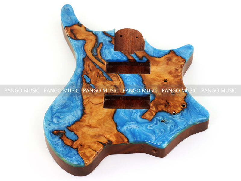 One-of-a-Kind Burl Wood Veneer Epoxy Resin 4 String Headless Electric Bass Guitar Body (H4B-010)