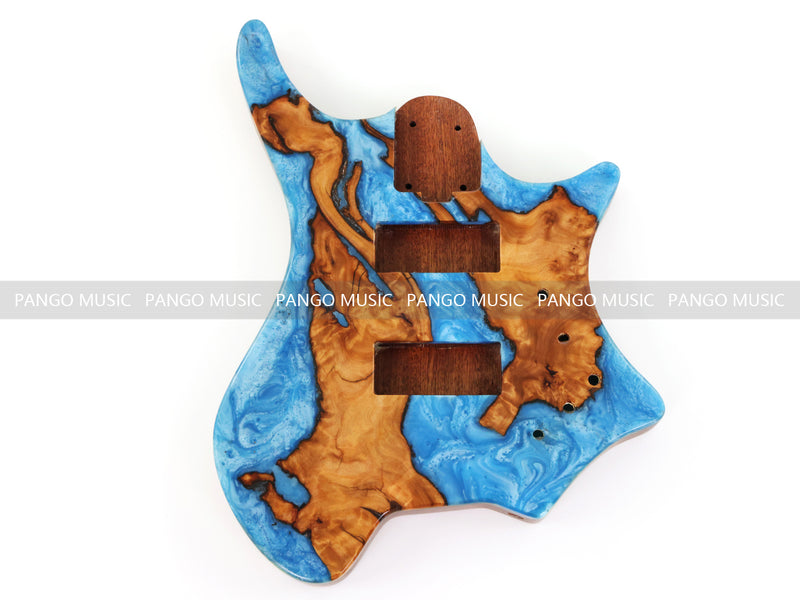 One-of-a-Kind Burl Wood Veneer Epoxy Resin 4 String Headless Electric Bass Guitar Body (H4B-010)