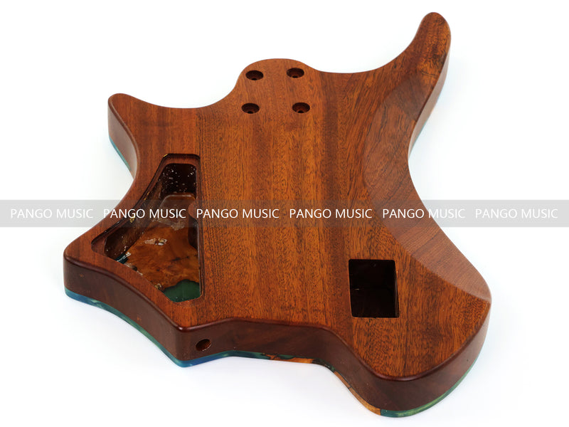 One-of-a-Kind Burl Wood Veneer Epoxy Resin 4 String Headless Electric Bass Guitar Body (H4B-010)