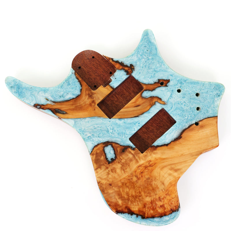 One-of-a-Kind Burl Wood Veneer Epoxy Resin 4 String Headless Electric Bass Guitar Body (H4B-011)