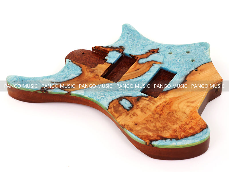One-of-a-Kind Burl Wood Veneer Epoxy Resin 4 String Headless Electric Bass Guitar Body (H4B-011)