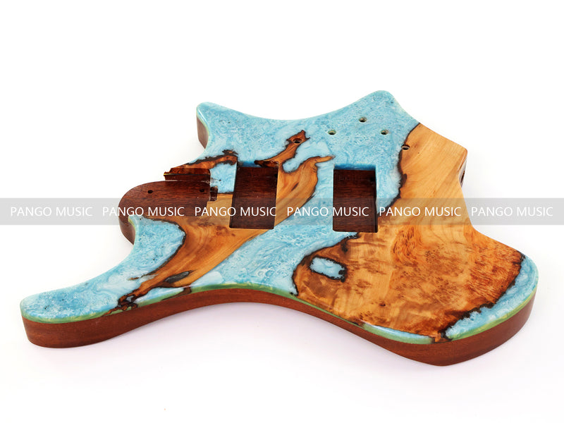 One-of-a-Kind Burl Wood Veneer Epoxy Resin 4 String Headless Electric Bass Guitar Body (H4B-011)