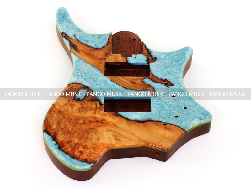 One-of-a-Kind Burl Wood Veneer Epoxy Resin 4 String Headless Electric Bass Guitar Body (H4B-011)