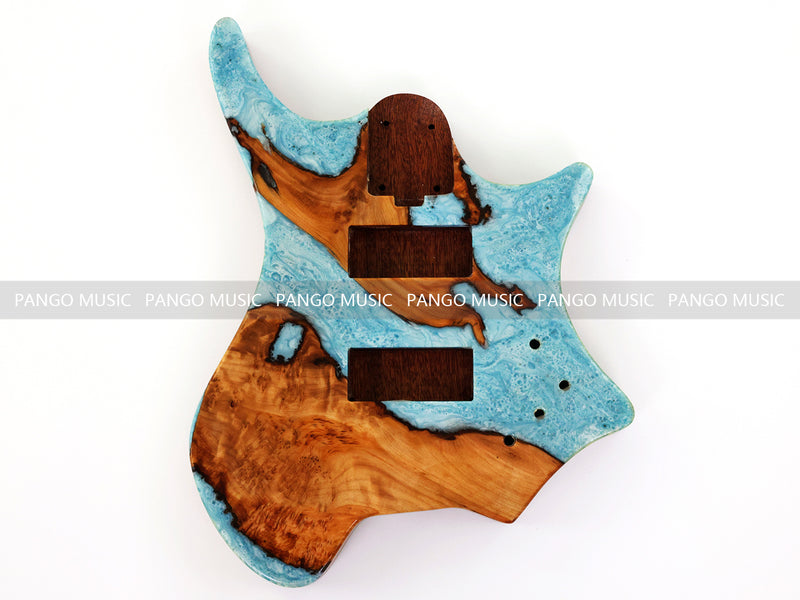 One-of-a-Kind Burl Wood Veneer Epoxy Resin 4 String Headless Electric Bass Guitar Body (H4B-011)