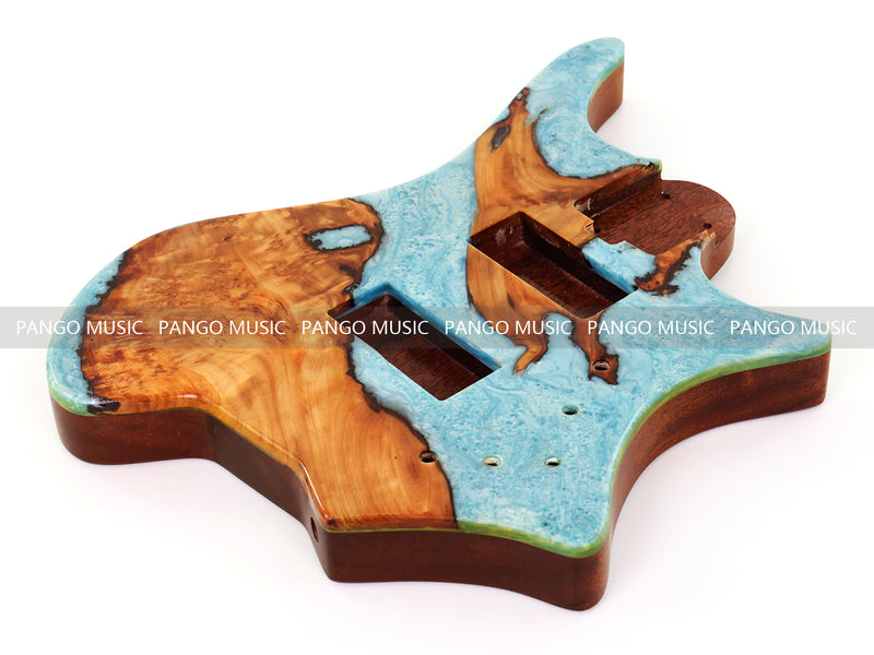 One-of-a-Kind Burl Wood Veneer Epoxy Resin 4 String Headless Electric Bass Guitar Body (H4B-011)