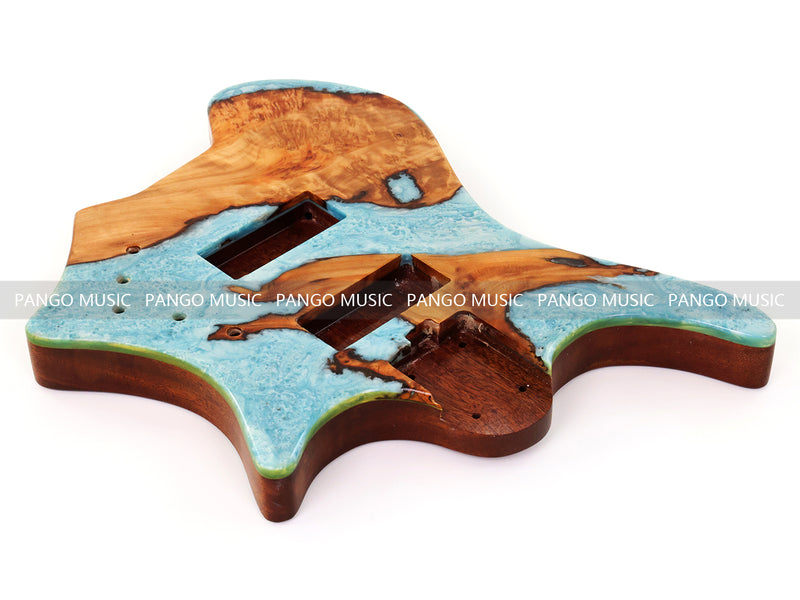 One-of-a-Kind Burl Wood Veneer Epoxy Resin 4 String Headless Electric Bass Guitar Body (H4B-011)