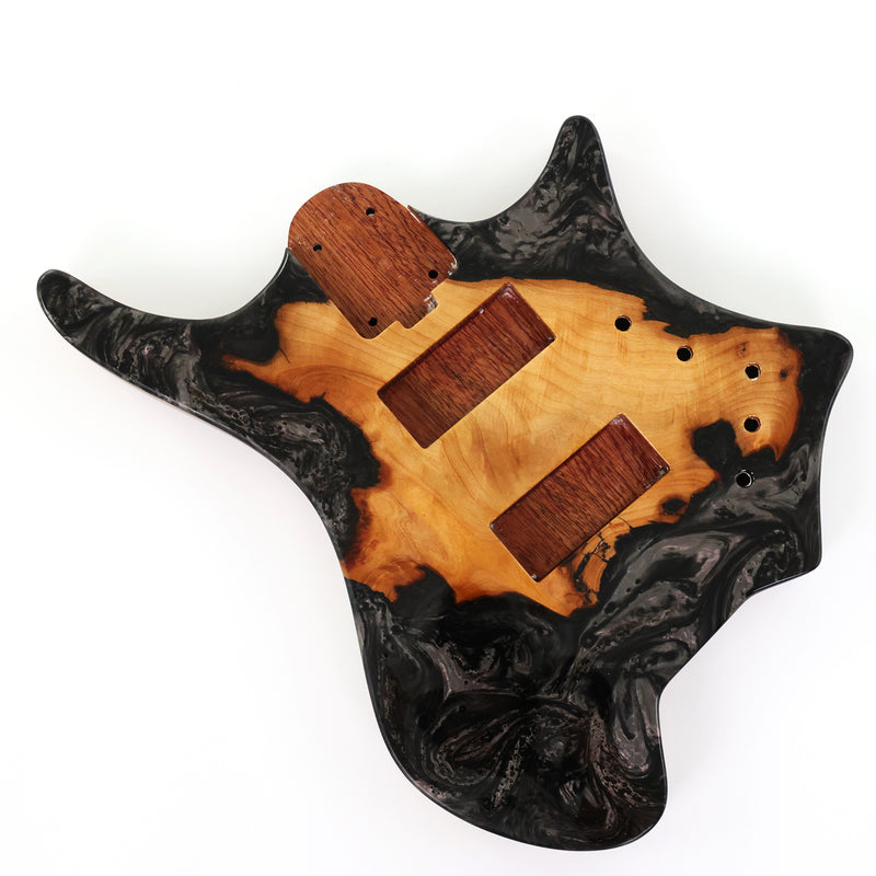 One-of-a-Kind Burl Wood Veneer Epoxy Resin 4 String Headless Electric Bass Guitar Body (H4B-012)