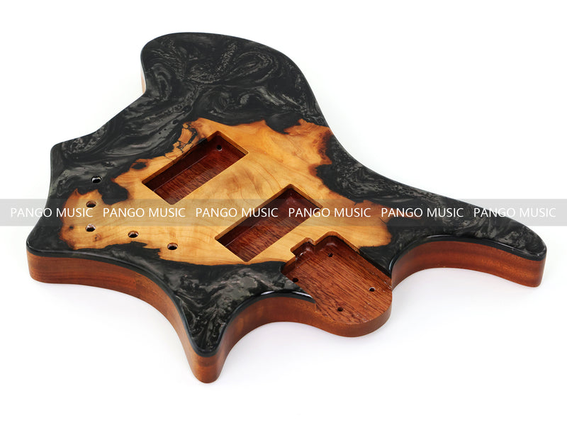 One-of-a-Kind Burl Wood Veneer Epoxy Resin 4 String Headless Electric Bass Guitar Body (H4B-012)