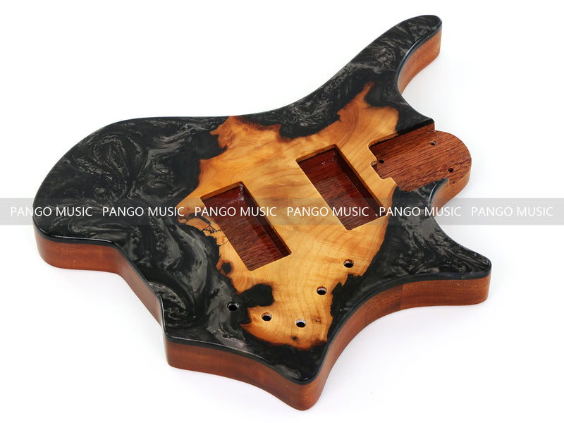 One-of-a-Kind Burl Wood Veneer Epoxy Resin 4 String Headless Electric Bass Guitar Body (H4B-012)