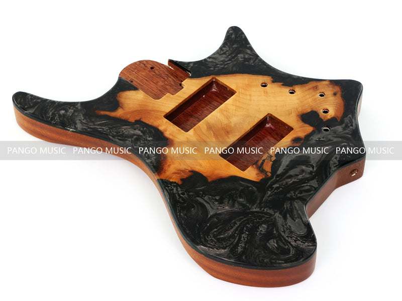 One-of-a-Kind Burl Wood Veneer Epoxy Resin 4 String Headless Electric Bass Guitar Body (H4B-012)