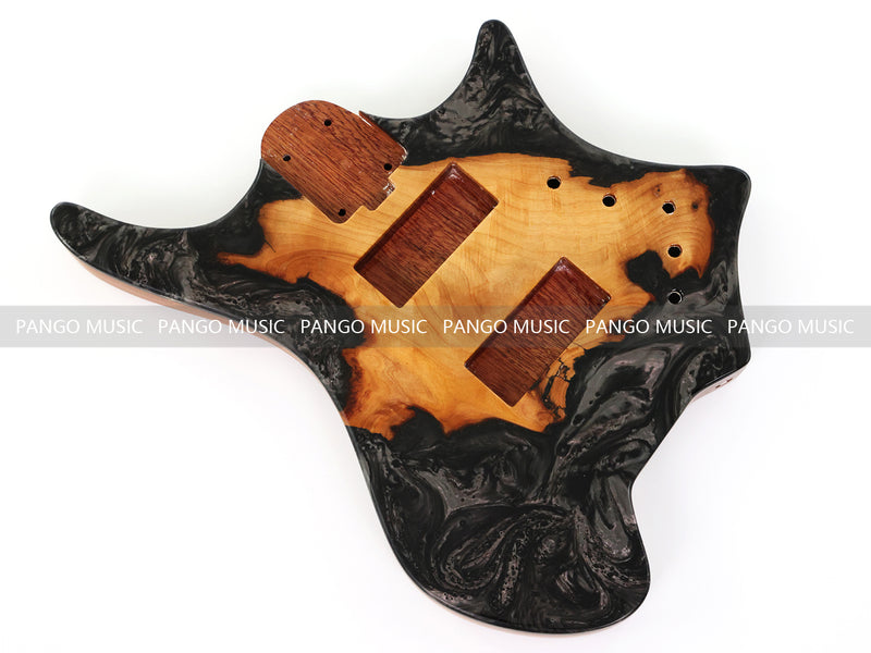 One-of-a-Kind Burl Wood Veneer Epoxy Resin 4 String Headless Electric Bass Guitar Body (H4B-012)
