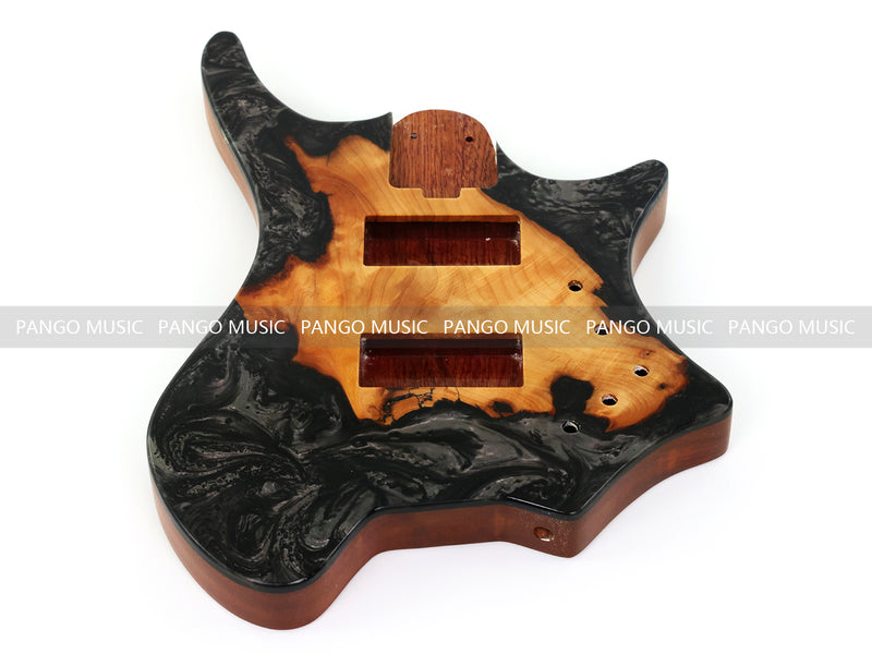 One-of-a-Kind Burl Wood Veneer Epoxy Resin 4 String Headless Electric Bass Guitar Body (H4B-012)
