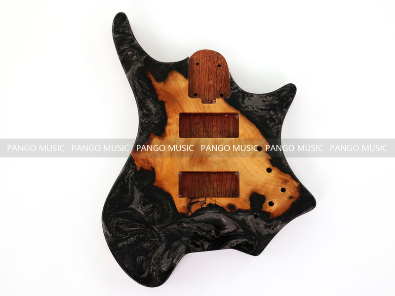 One-of-a-Kind Burl Wood Veneer Epoxy Resin 4 String Headless Electric Bass Guitar Body (H4B-012)