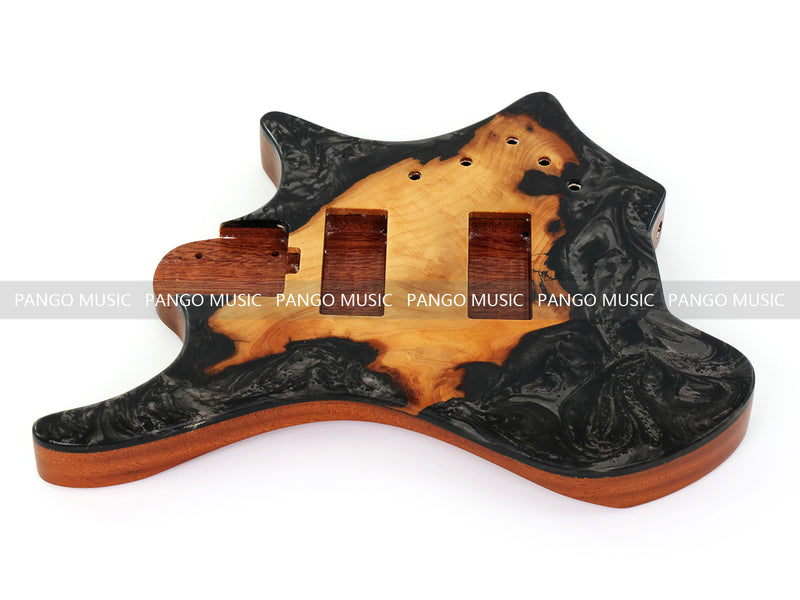 One-of-a-Kind Burl Wood Veneer Epoxy Resin 4 String Headless Electric Bass Guitar Body (H4B-012)