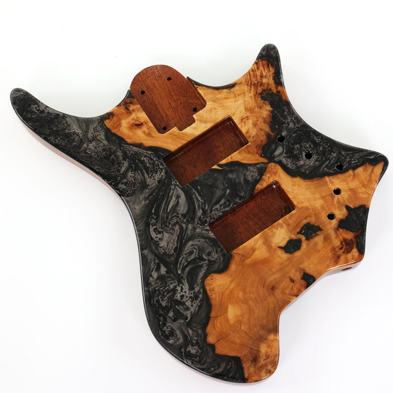 One-of-a-Kind Burl Wood Veneer Epoxy Resin 4 String Headless Electric Bass Guitar Body (H4B-013)