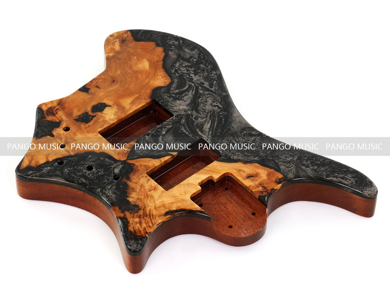 One-of-a-Kind Burl Wood Veneer Epoxy Resin 4 String Headless Electric Bass Guitar Body (H4B-013)