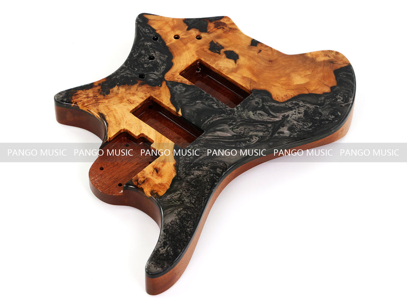One-of-a-Kind Burl Wood Veneer Epoxy Resin 4 String Headless Electric Bass Guitar Body (H4B-013)