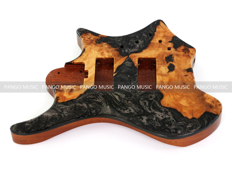 One-of-a-Kind Burl Wood Veneer Epoxy Resin 4 String Headless Electric Bass Guitar Body (H4B-013)