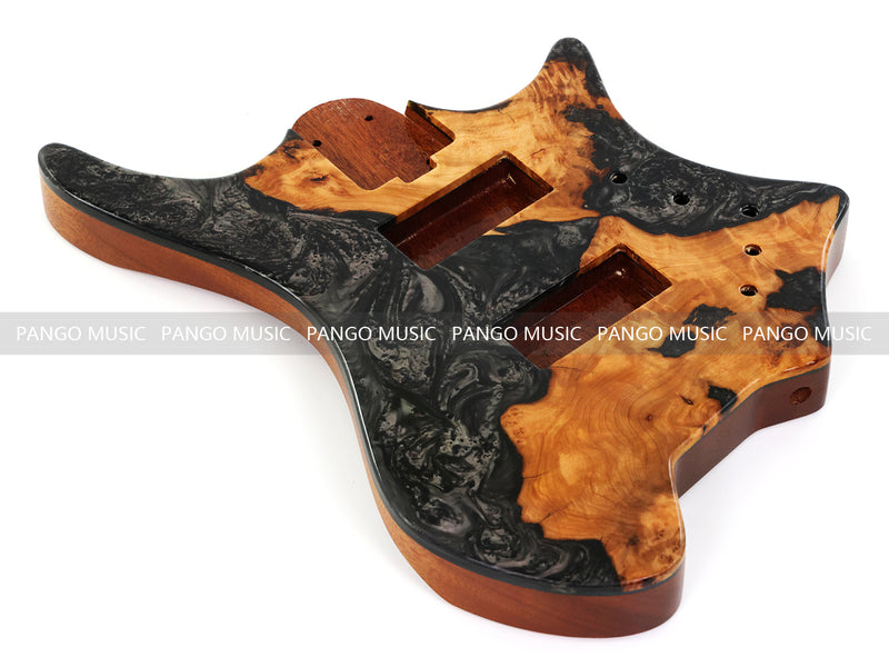 One-of-a-Kind Burl Wood Veneer Epoxy Resin 4 String Headless Electric Bass Guitar Body (H4B-013)