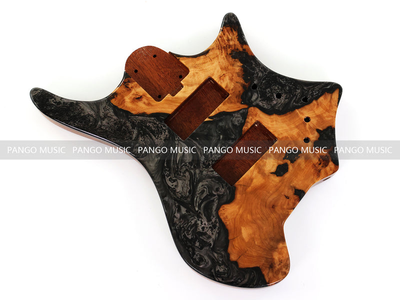 One-of-a-Kind Burl Wood Veneer Epoxy Resin 4 String Headless Electric Bass Guitar Body (H4B-013)
